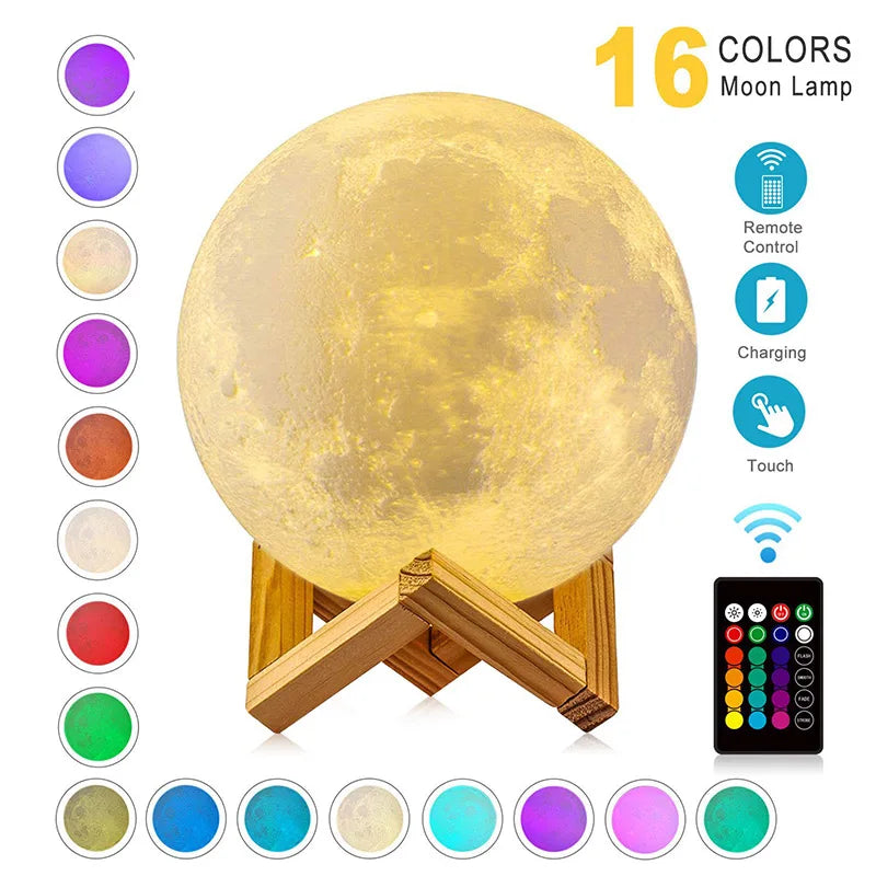 Glowing moon lamp displayed on a wooden stand